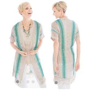 Chicos 2 Fringe Tan Blue Crochet 100% Linen Kimono Cardigan Womens 12 14 Petite